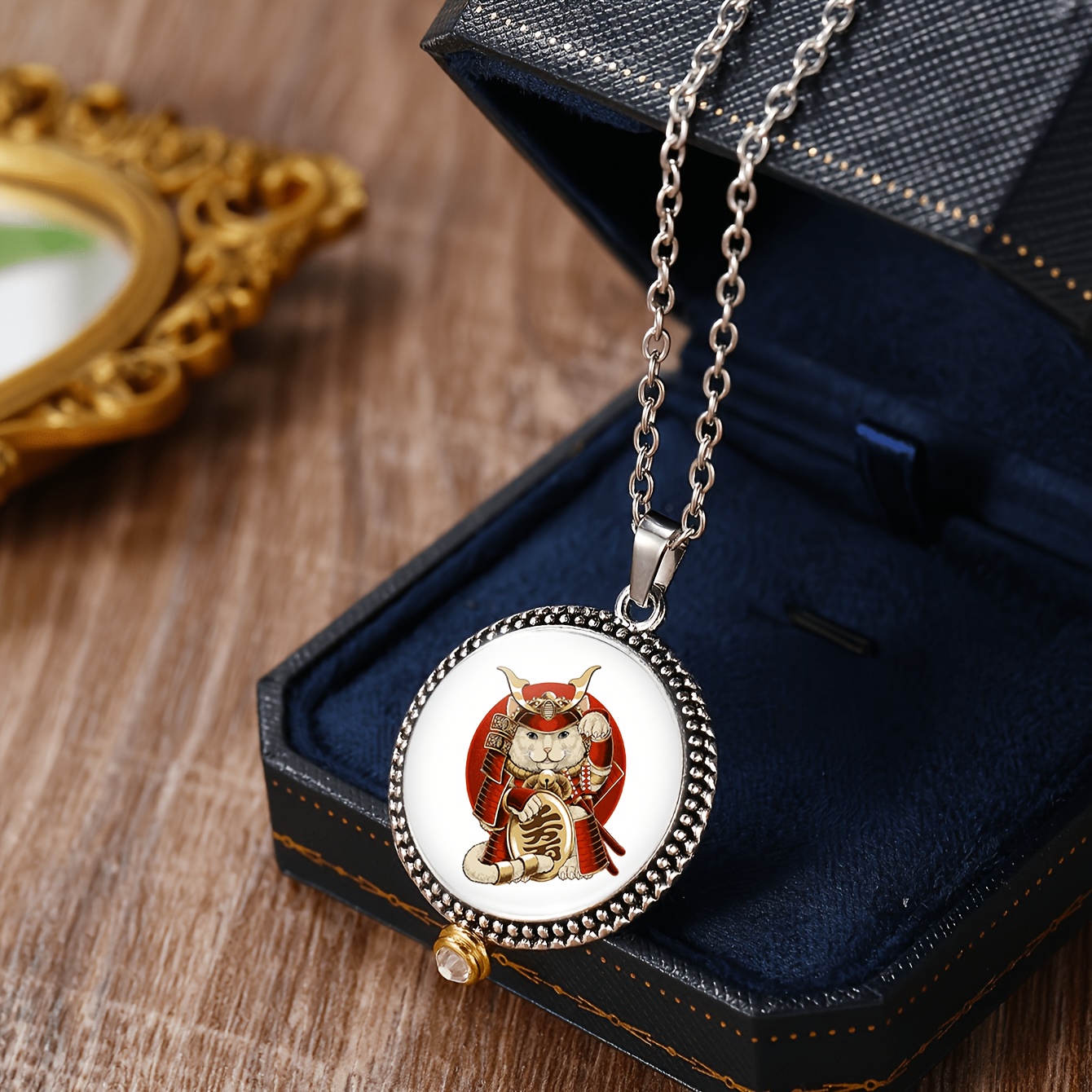3pc Classic Cat Samurai Necklace & Earrings Set, Vivid Design